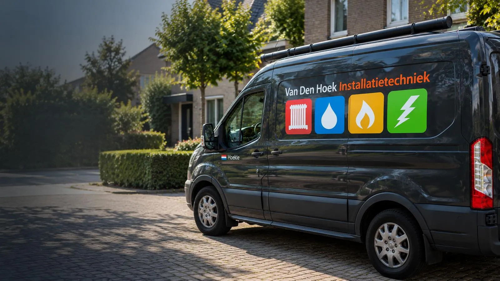 Bedrijfsbus van van den Hoek Installatietechniek in een woonstraat in Dronten