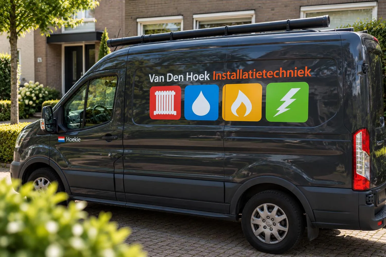 Bedrijfsbus van van den Hoek Installatietechniek in een woonstraat